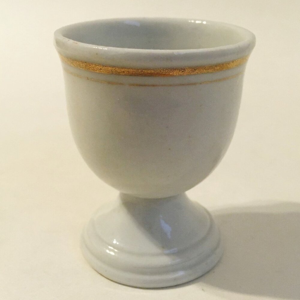 Egg Cup Double Gold Bands Trim Footed White Ceramic Pottery Vintage Collectible